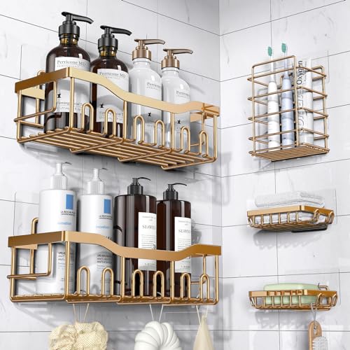 Adhesive Shower Caddy, 5 Pack Rustproof Stainless Steel Bath Organizers With Large Capacity, No Drilling Shelves for Bathroom Storage & Home Decor