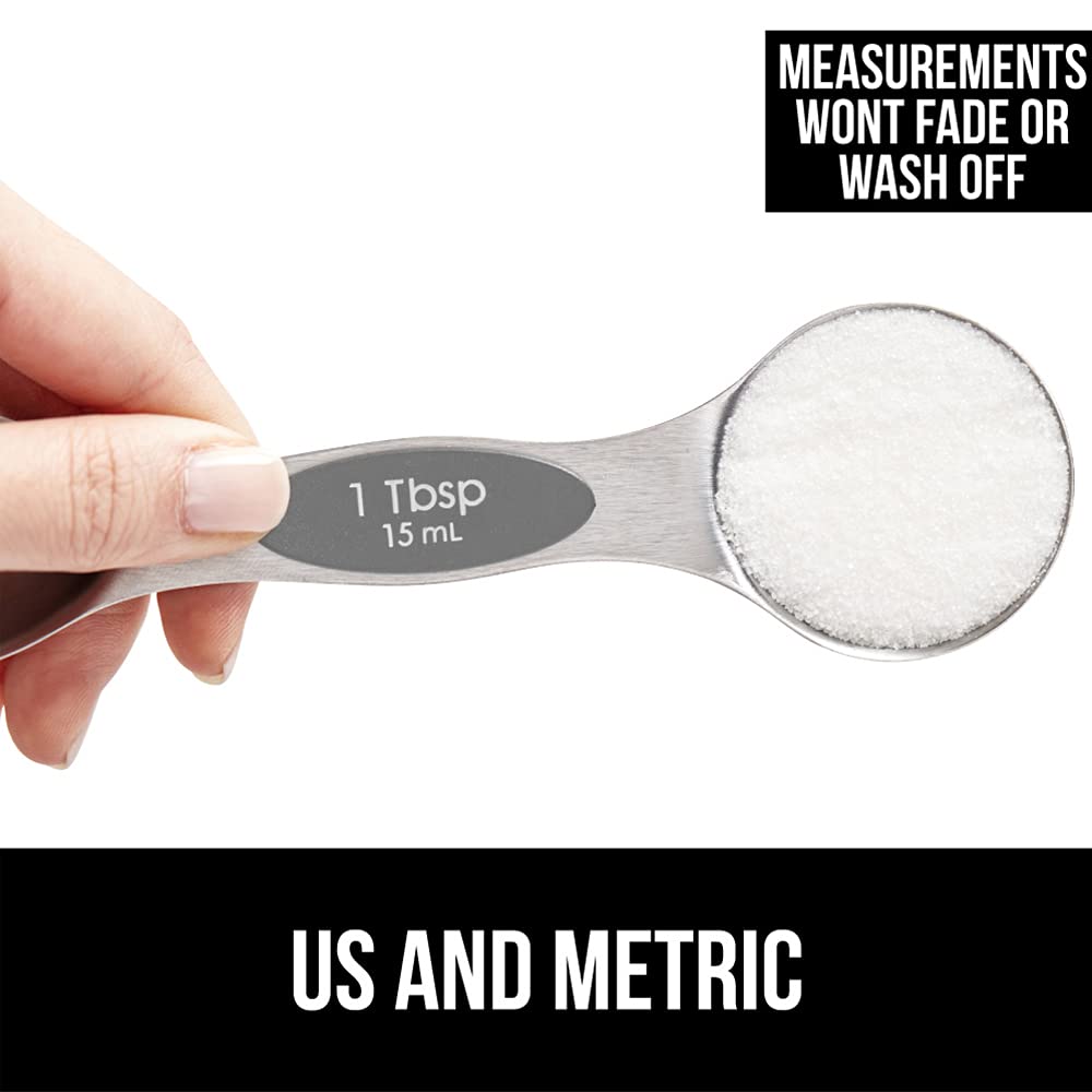 8 Piece BPA Free Magnetic Nesting Stainless Steel Measuring Spoon Set with Leveler, Dual Sided for Liquid and Dry Ingredients, Cream and Sugar Kitchen Spoons, Baking, Cooking, Black