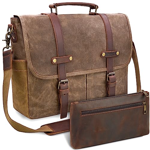 Mens Messenger Bag 15.6 Inch Waterproof Vintage Genuine Leather Waxed Canvas Briefcase Large Leather Computer Laptop Bag Rugged Satchel Shoulder Bag