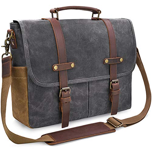 Mens Messenger Bag 15.6 Inch Waterproof Vintage Genuine Leather Waxed Canvas Briefcase Large Leather Computer Laptop Bag Rugged Satchel Shoulder Bag