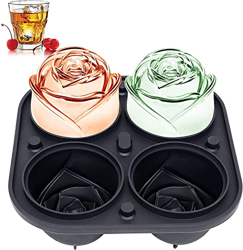 3D Rose Ice Molds 2.5 Inch, Large Ice Cube Trays, Make 4 Giant Cute Flower Shape Ice, Silicone Rubber Fun Big Ice Ball Maker for Cocktails Juice