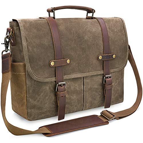 Mens Messenger Bag 15.6 Inch Waterproof Vintage Genuine Leather Waxed Canvas Briefcase Large Leather Computer Laptop Bag Rugged Satchel Shoulder Bag