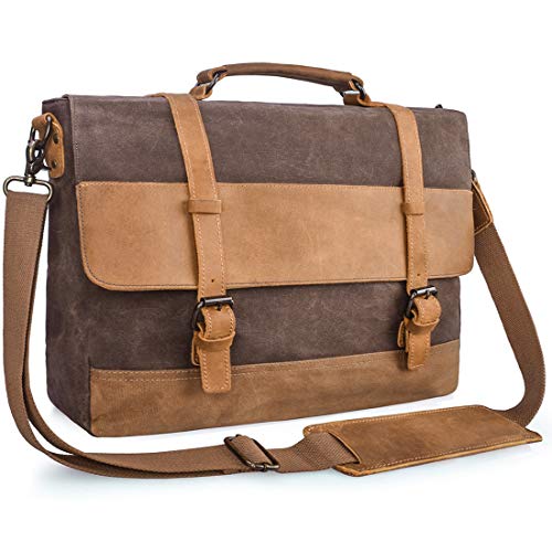 Mens Messenger Bag 15.6 Inch Waterproof Vintage Genuine Leather Waxed Canvas Briefcase Large Leather Computer Laptop Bag Rugged Satchel Shoulder Bag