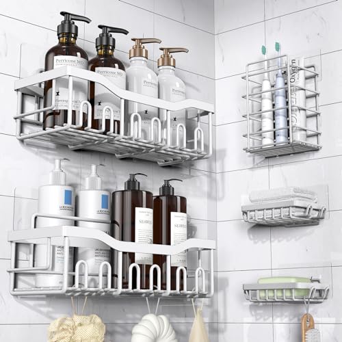 Adhesive Shower Caddy, 5 Pack Rustproof Stainless Steel Bath Organizers With Large Capacity, No Drilling Shelves for Bathroom Storage & Home Decor