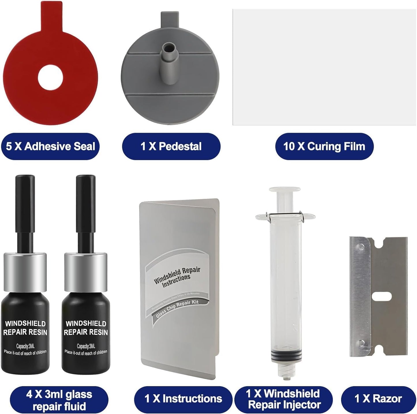 Windshield Repair Kit for Chips and Cracks, Nano Glass Repair Fluid with Enhanced Injection Head, 4 Pack Windscreen Crack Repair Kit to Repair Scratches, Cracks, and Star-Shaped Crack, Black