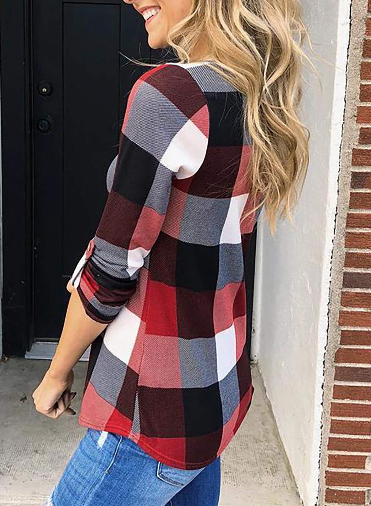 Womens Basic Casual V Neck Plaid Print Cotton Cuffed Long Sleeve Work Tops Blouses Shirts S-5XL