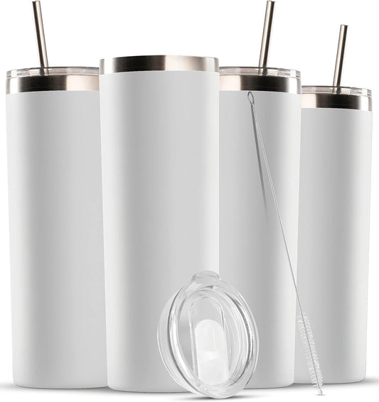Insulated Skinny Stainless Steel Tumbler Set - 4-Pack 20oz Coffee with Straw - Travel Coffee Mug With PBA Free Lids - Slim Vacuum Keep Hot & Cold - For Home, Office. (Pure Pearly White)