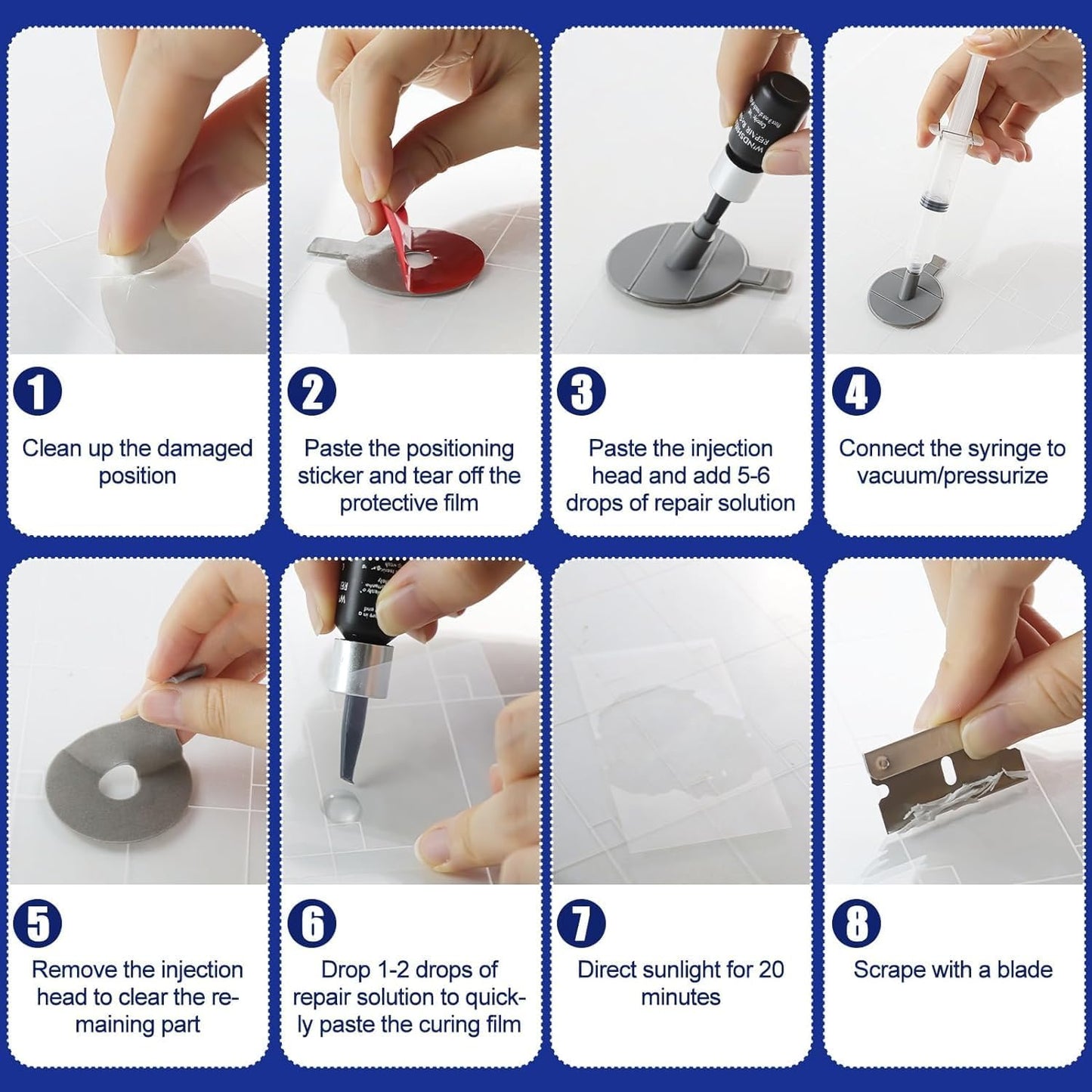 Windshield Repair Kit for Chips and Cracks, Nano Glass Repair Fluid with Enhanced Injection Head, 4 Pack Windscreen Crack Repair Kit to Repair Scratches, Cracks, and Star-Shaped Crack, Black