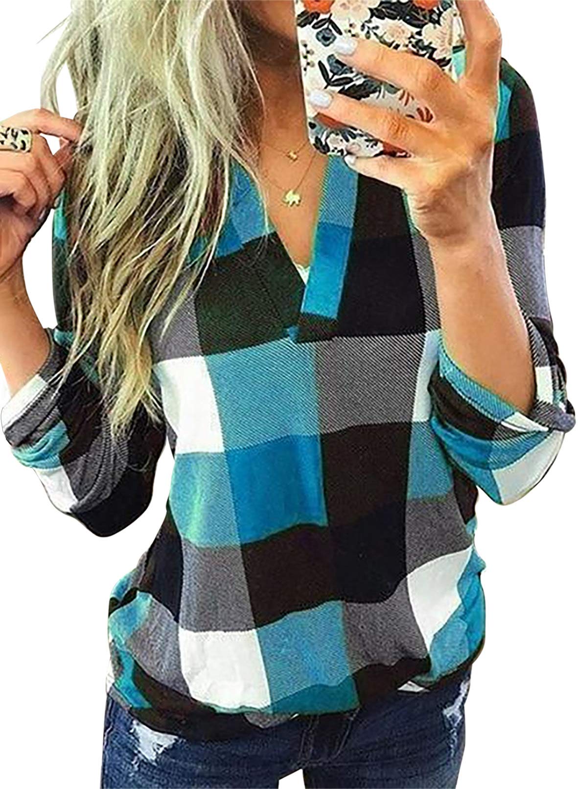Womens Basic Casual V Neck Plaid Print Cotton Cuffed Long Sleeve Work Tops Blouses Shirts S-5XL