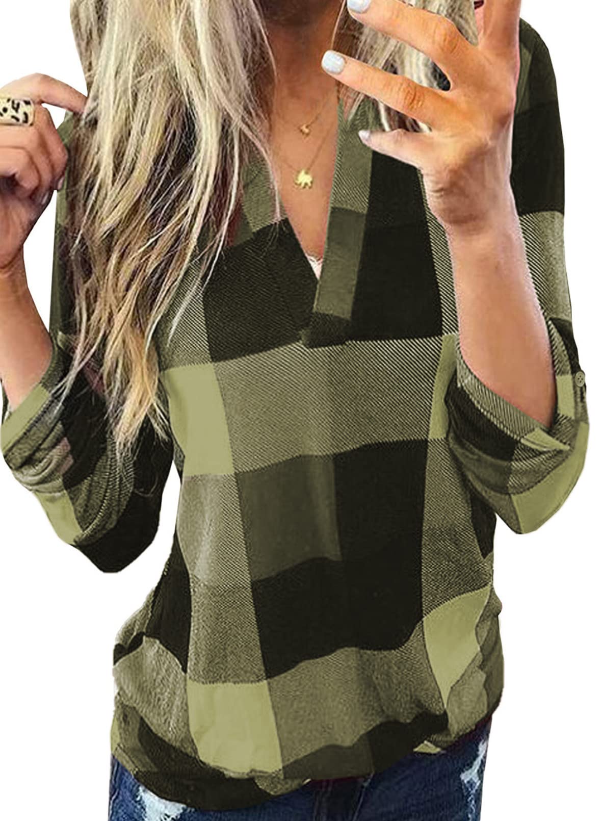 Womens Basic Casual V Neck Plaid Print Cotton Cuffed Long Sleeve Work Tops Blouses Shirts S-5XL