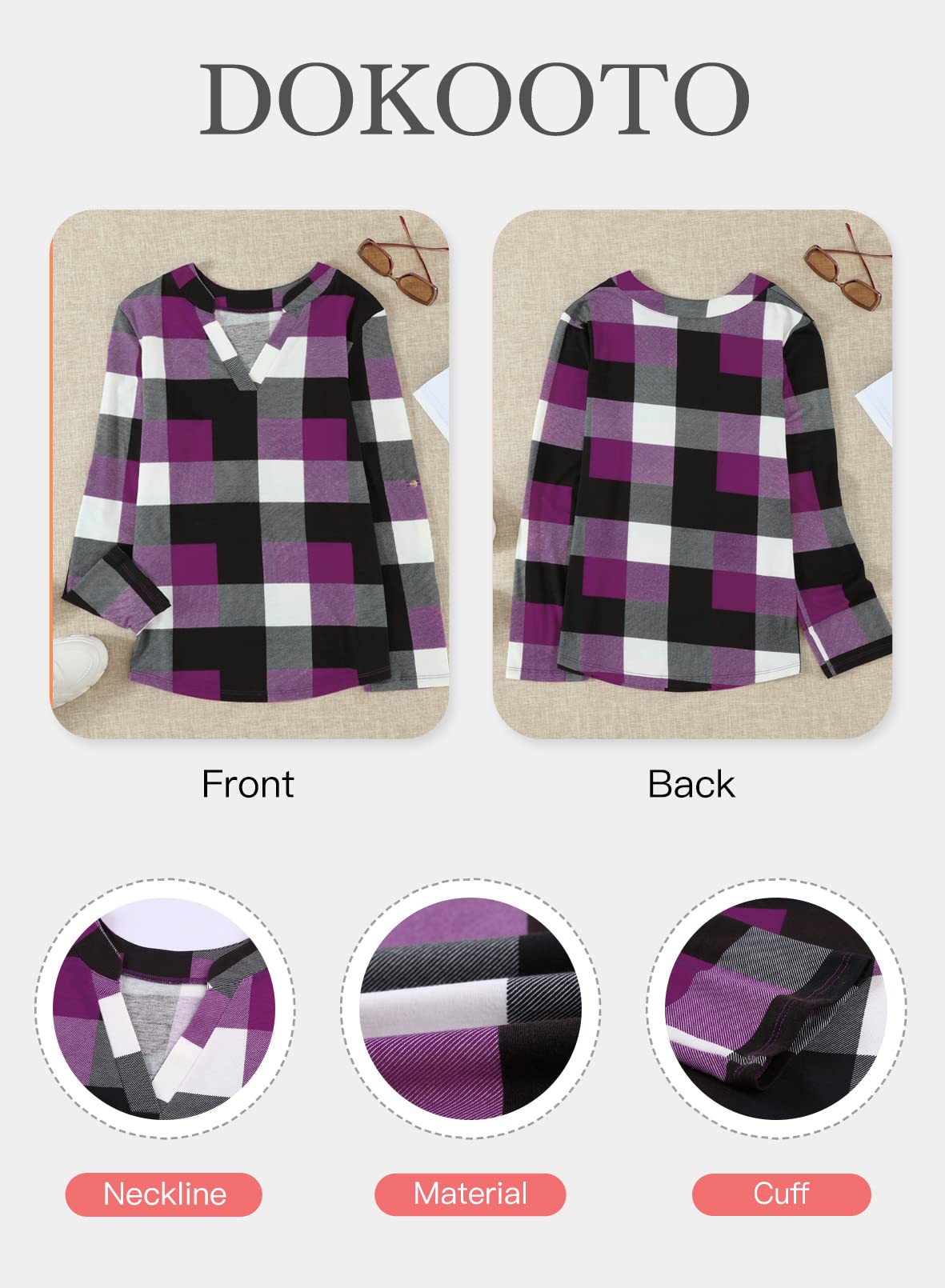 Womens Basic Casual V Neck Plaid Print Cotton Cuffed Long Sleeve Work Tops Blouses Shirts S-5XL