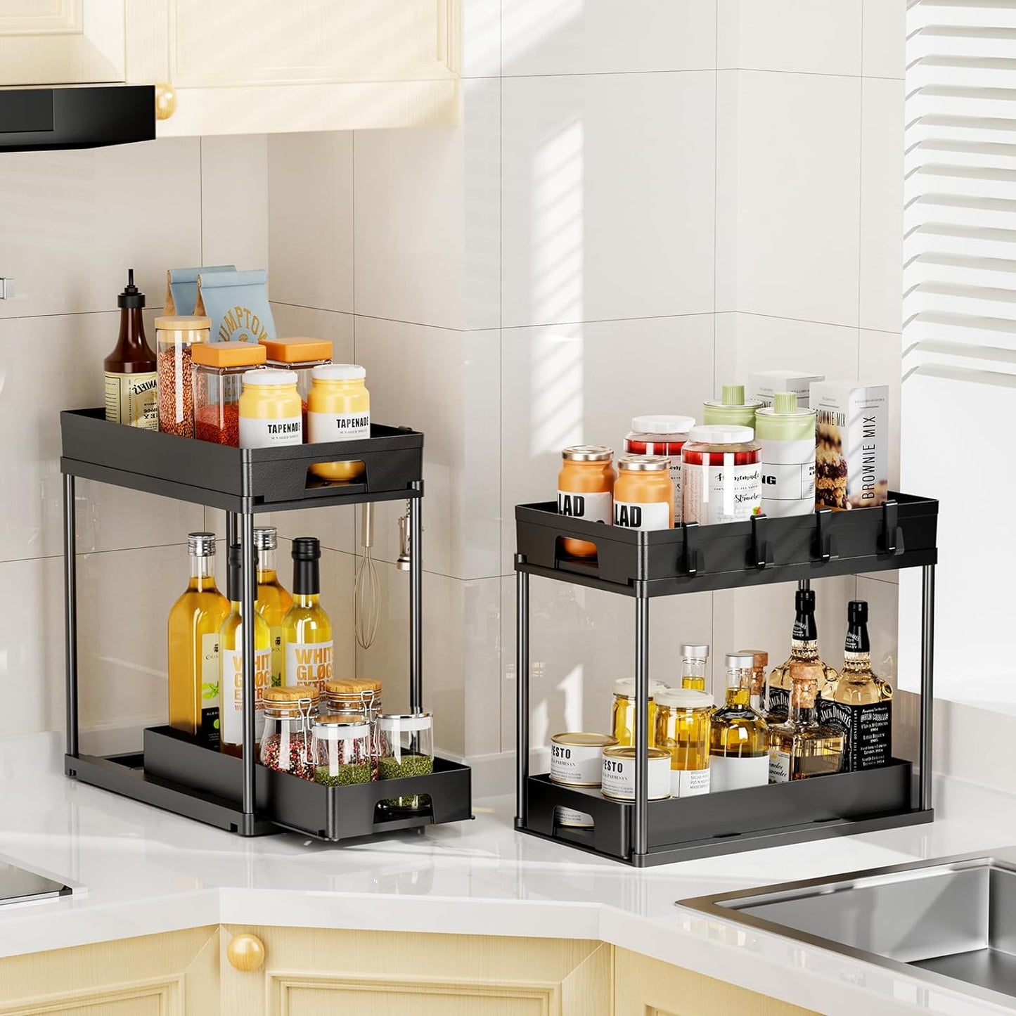 Under Sink Organizers and Storage, 2 Pack Pull Out Kitchen Bathroom Cabinet Organizer, 2 Tier Black Under Sink Storage for Bathroom Kitchen, Under Counter Storage Organizer with 8 Hooks