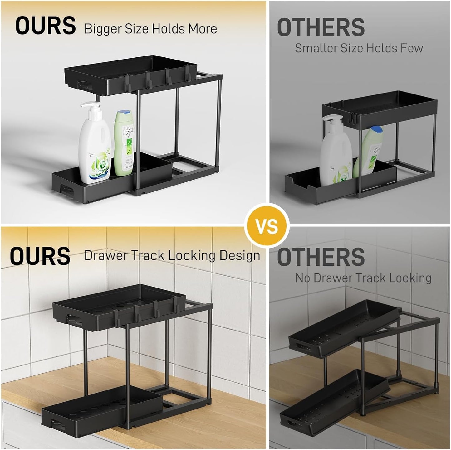 Under Sink Organizers and Storage, 2 Pack Pull Out Kitchen Bathroom Cabinet Organizer, 2 Tier Black Under Sink Storage for Bathroom Kitchen, Under Counter Storage Organizer with 8 Hooks