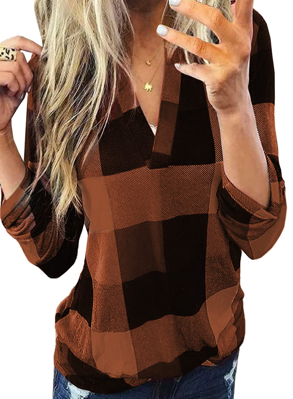 Womens Basic Casual V Neck Plaid Print Cotton Cuffed Long Sleeve Work Tops Blouses Shirts S-5XL