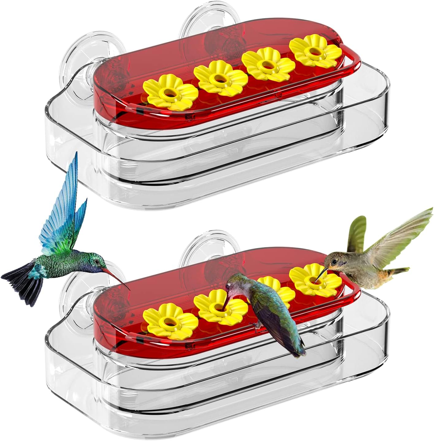 2 Pack Window Hummingbird Feeder, Strong Suction Cup Hummingbird Feeder with 4 Feeding Ports, Easy to Clean and Refill Plastic Humming Bird Feeder, 10oz