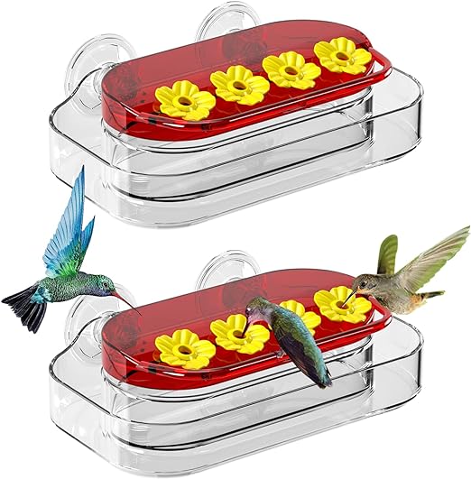 2 Pack Window Hummingbird Feeder, Strong Suction Cup Hummingbird Feeder with 4 Feeding Ports, Easy to Clean and Refill Plastic Humming Bird Feeder, 10oz