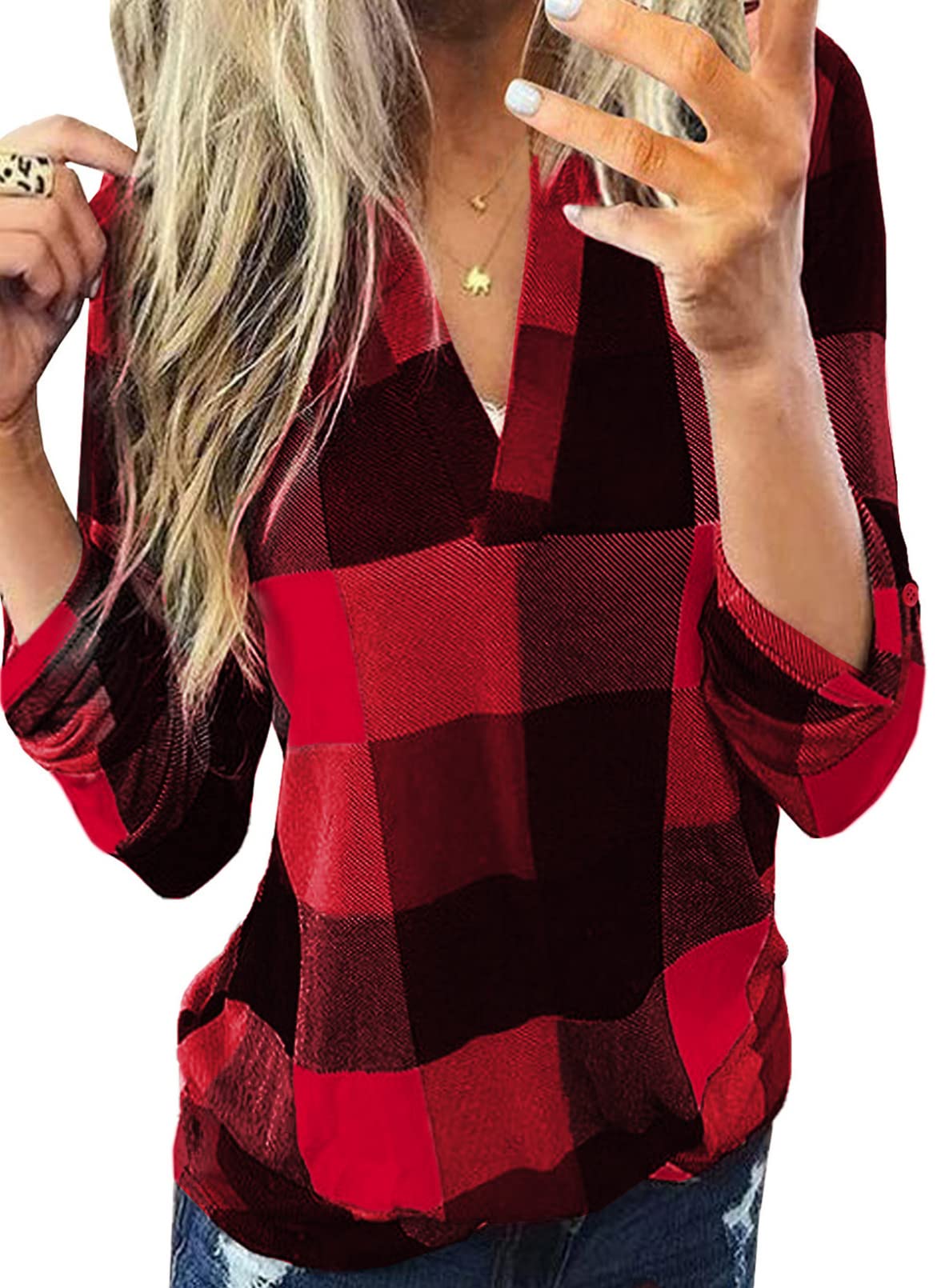 Womens Basic Casual V Neck Plaid Print Cotton Cuffed Long Sleeve Work Tops Blouses Shirts S-5XL