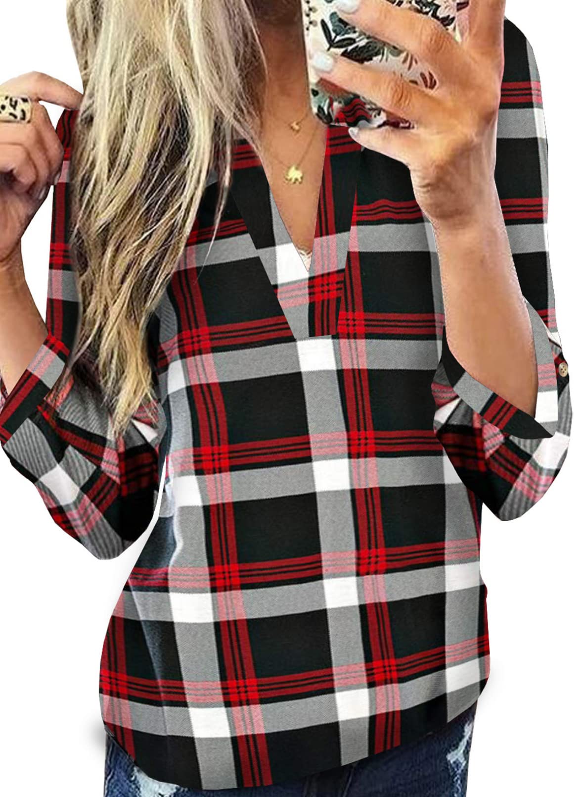 Womens Basic Casual V Neck Plaid Print Cotton Cuffed Long Sleeve Work Tops Blouses Shirts S-5XL