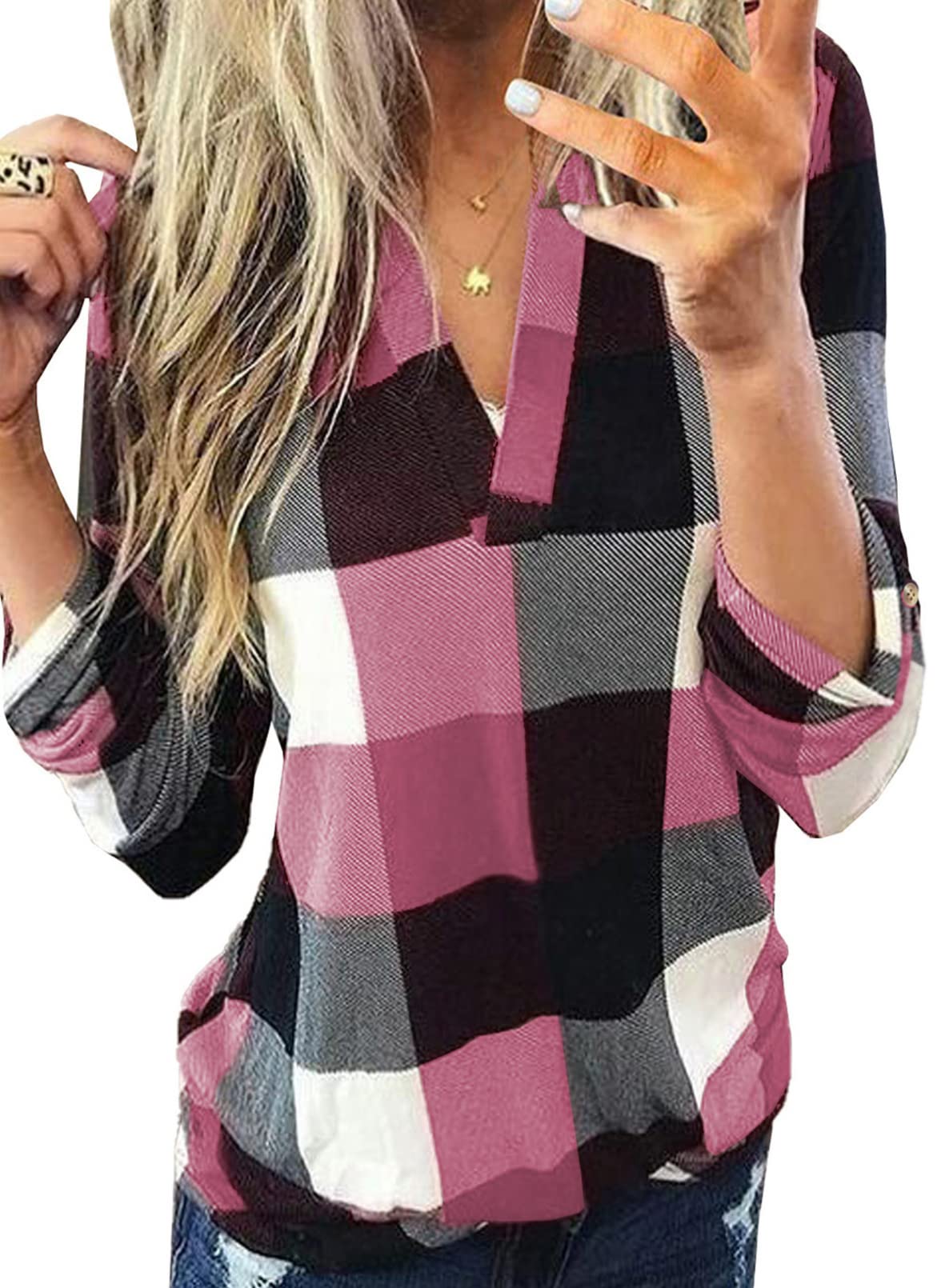 Womens Basic Casual V Neck Plaid Print Cotton Cuffed Long Sleeve Work Tops Blouses Shirts S-5XL