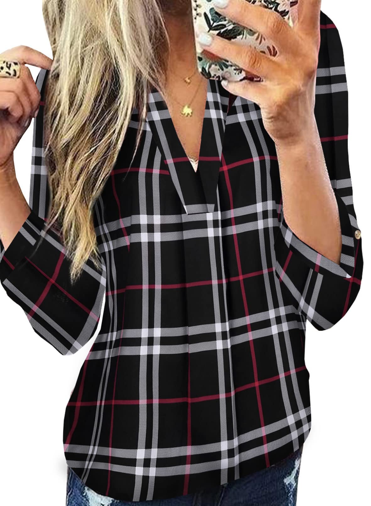 Womens Basic Casual V Neck Plaid Print Cotton Cuffed Long Sleeve Work Tops Blouses Shirts S-5XL