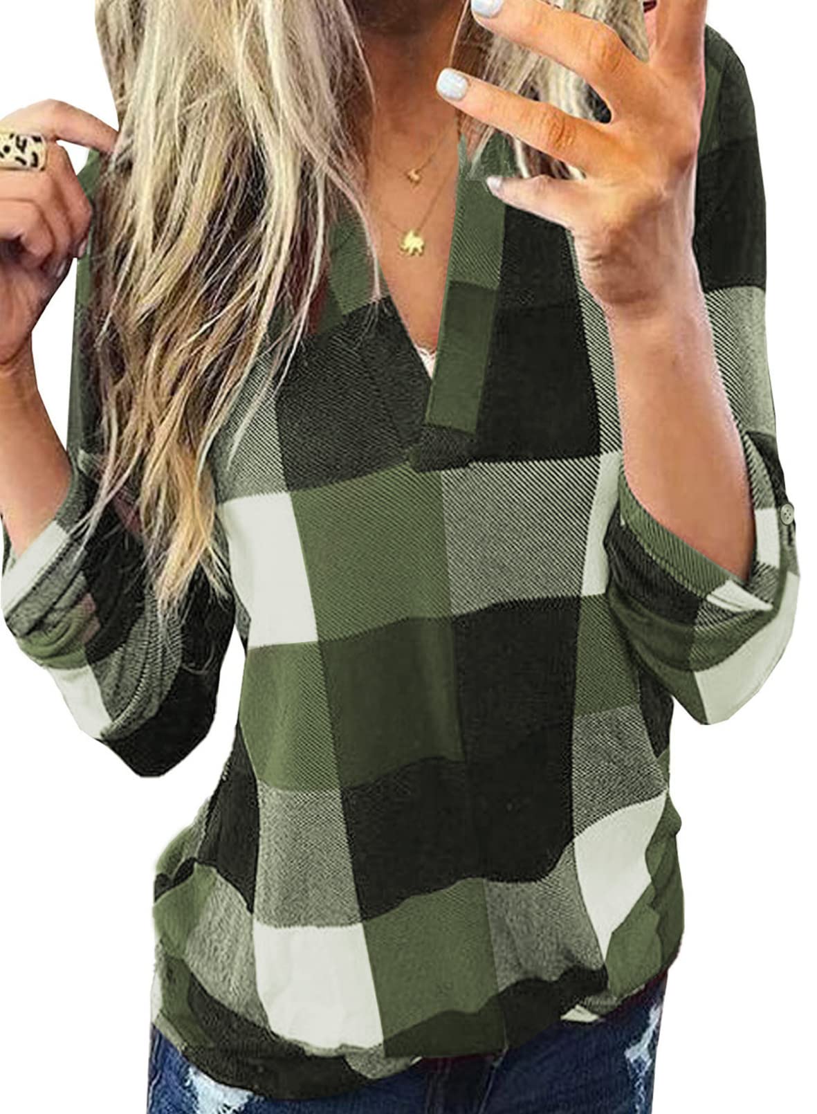 Womens Basic Casual V Neck Plaid Print Cotton Cuffed Long Sleeve Work Tops Blouses Shirts S-5XL