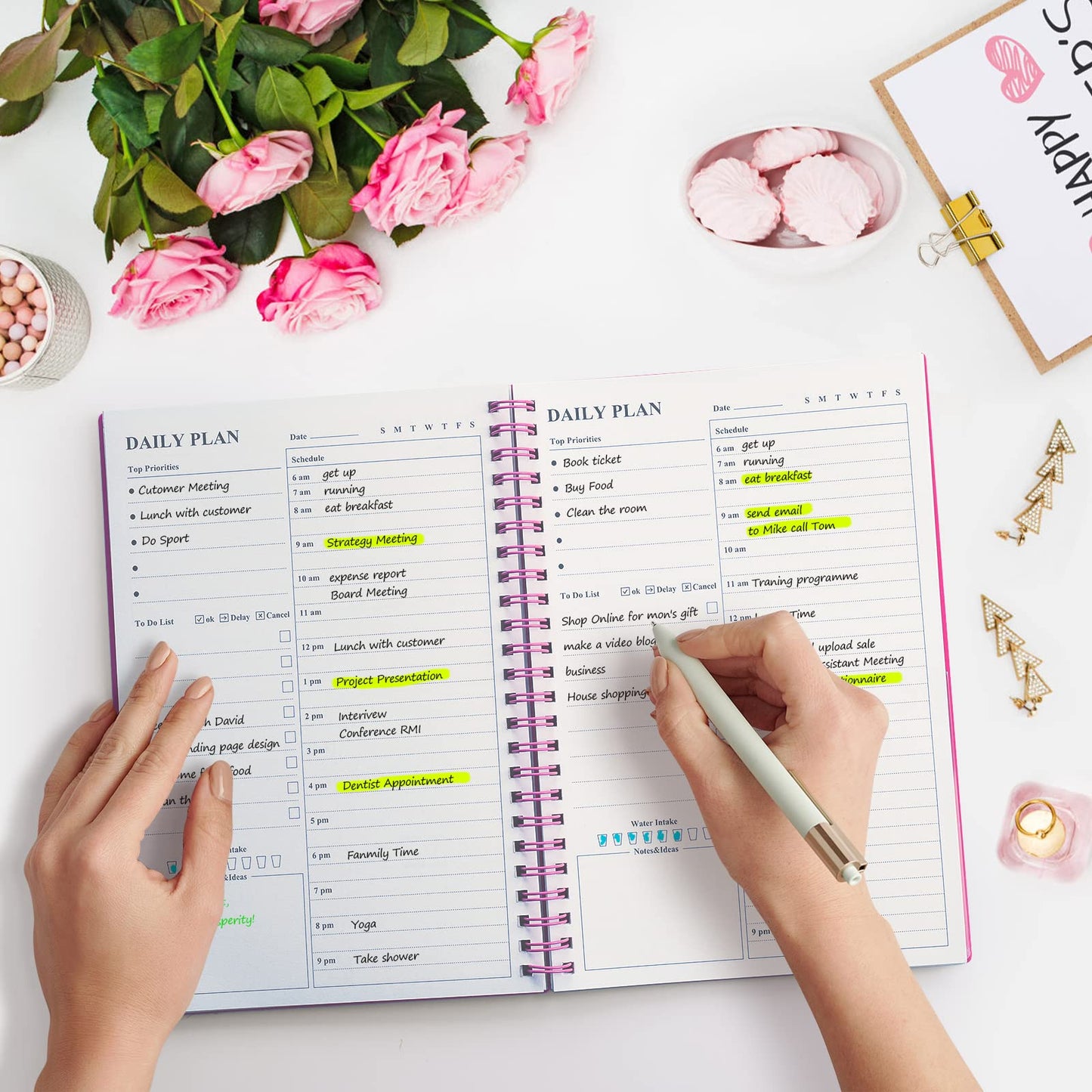 Daily Planner Undated, Asten To Do List Notebook Hourly Schedules Spiral Appointment Planner for Men and Women,PVC Hardcover,Elastic Closure, Inner Pocket 8.3" x 5.8"