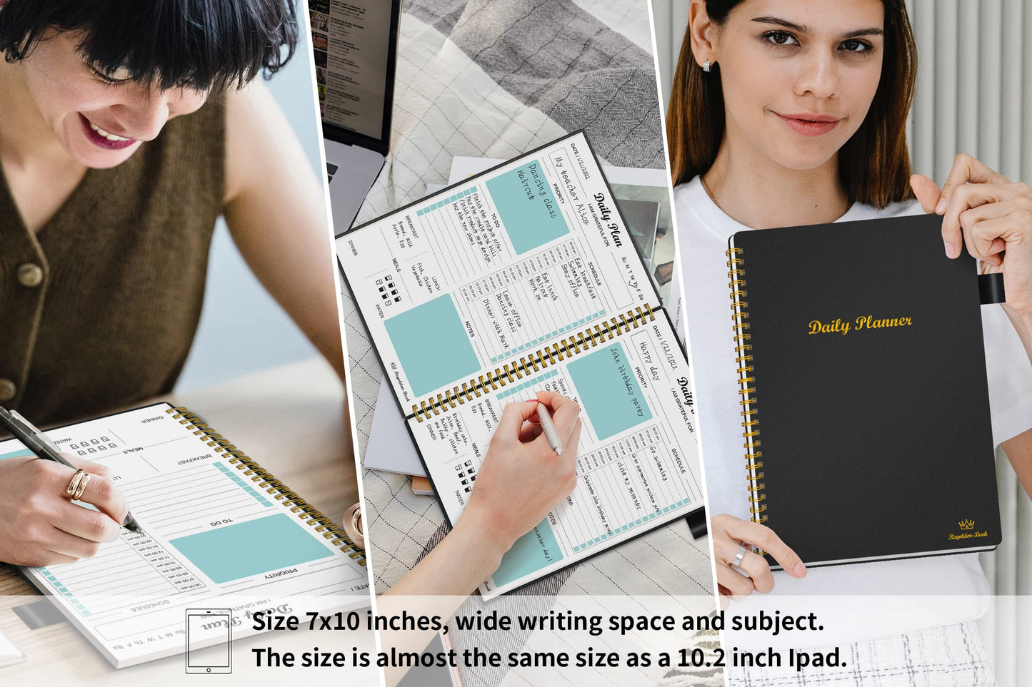 Daily Planner Undated, To Do List Notebook with Hourly Schedule Calendars Meal, Spiral Appointment Organizers Notebook for Man/Women, Pocket,Pen Loop, 160 Pages (7x10")