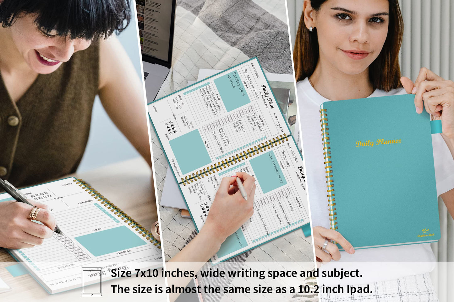 Daily Planner Undated, To Do List Notebook with Hourly Schedule Calendars Meal, Spiral Appointment Organizers Notebook for Man/Women, Pocket,Pen Loop, 160 Pages (7x10")
