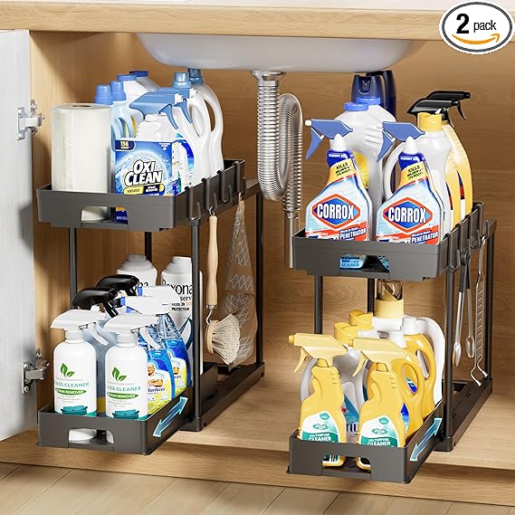 Under Sink Organizers and Storage, 2 Pack Pull Out Kitchen Bathroom Cabinet Organizer, 2 Tier Black Under Sink Storage for Bathroom Kitchen, Under Counter Storage Organizer with 8 Hooks