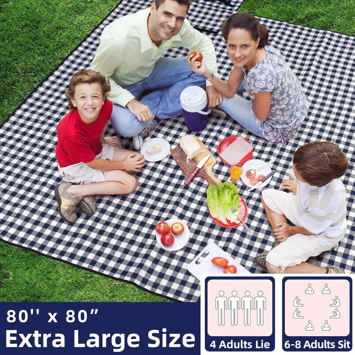 Picnic Blankets Machine Washable, 80''x80'' Extra Large Waterproof Sandproof Foldable Compact Beach Blanket, Oversized XL Outdoor Mat for Spring Summer Camping, Park, Travel