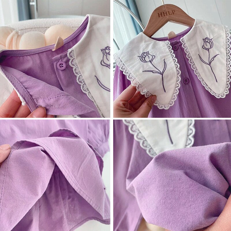 Baby Girls Dress Casual Pink Clothes Summer 2023 Cotton Linen Girls Princess Dress Big Turn Down Collar Dress