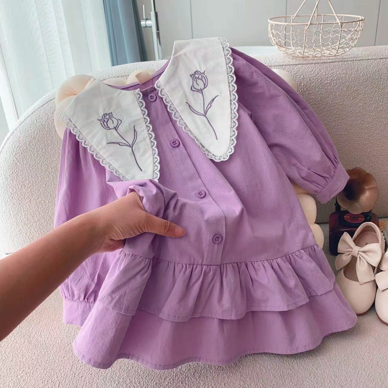 Baby Girls Dress Casual Pink Clothes Summer 2023 Cotton Linen Girls Princess Dress Big Turn Down Collar Dress