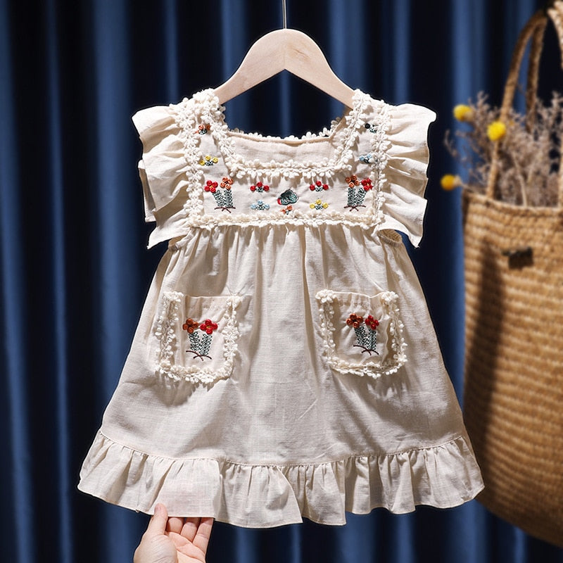 Baby Girls Dress Casual Pink Clothes Summer 2023 Cotton Linen Girls Princess Dress Big Turn Down Collar Dress