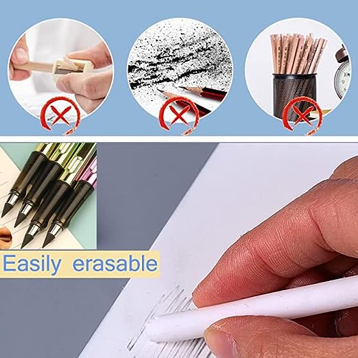 6 Sets Everlasting Pencil, Infinity Inkless Pencil with Eraser, Magic Cute Forever Pencil for Kids Writing, Sketching, Drawing, (6 Pencils + 6 Erasers + 6 Replacement Pen Tips)