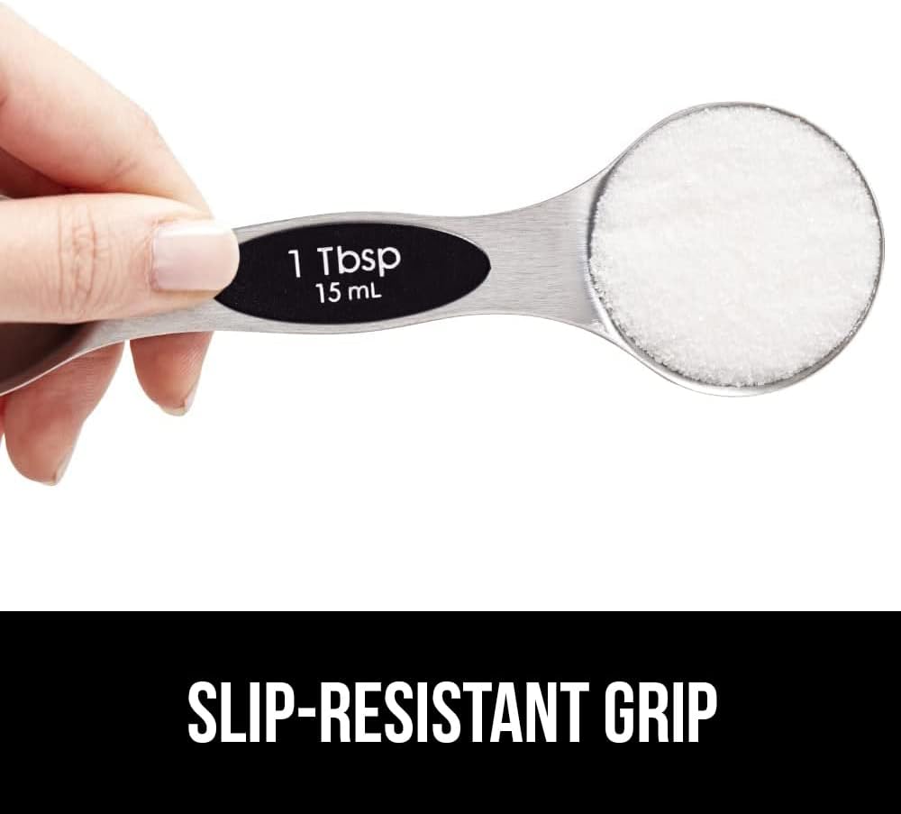 8 Piece BPA Free Magnetic Nesting Stainless Steel Measuring Spoon Set with Leveler, Dual Sided for Liquid and Dry Ingredients, Cream and Sugar Kitchen Spoons, Baking, Cooking, Black