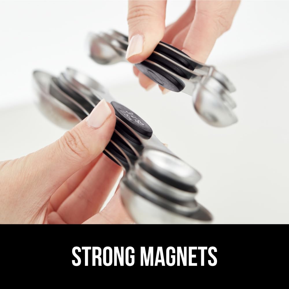 8 Piece BPA Free Magnetic Nesting Stainless Steel Measuring Spoon Set with Leveler, Dual Sided for Liquid and Dry Ingredients, Cream and Sugar Kitchen Spoons, Baking, Cooking, Black