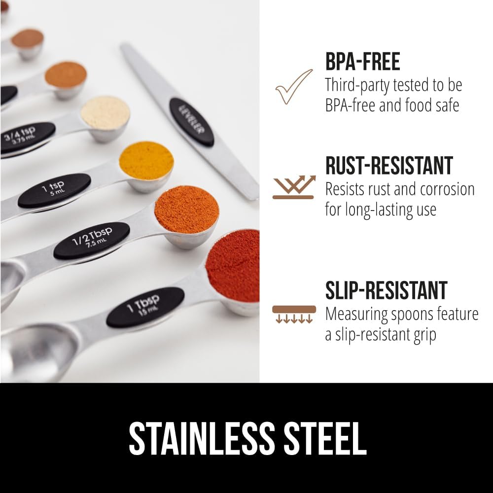 8 Piece BPA Free Magnetic Nesting Stainless Steel Measuring Spoon Set with Leveler, Dual Sided for Liquid and Dry Ingredients, Cream and Sugar Kitchen Spoons, Baking, Cooking, Black