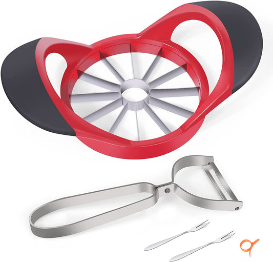 Upgraded 4.72 Inch 12 Super Sharp Blades Stainless Steel Apple Slicer Corer and Divider, With 1 Super Sharp Stainless Steel Peeler, 2 Stainless Steel Fruit Forks and 1 Orange Citrus Peeler Tool Red