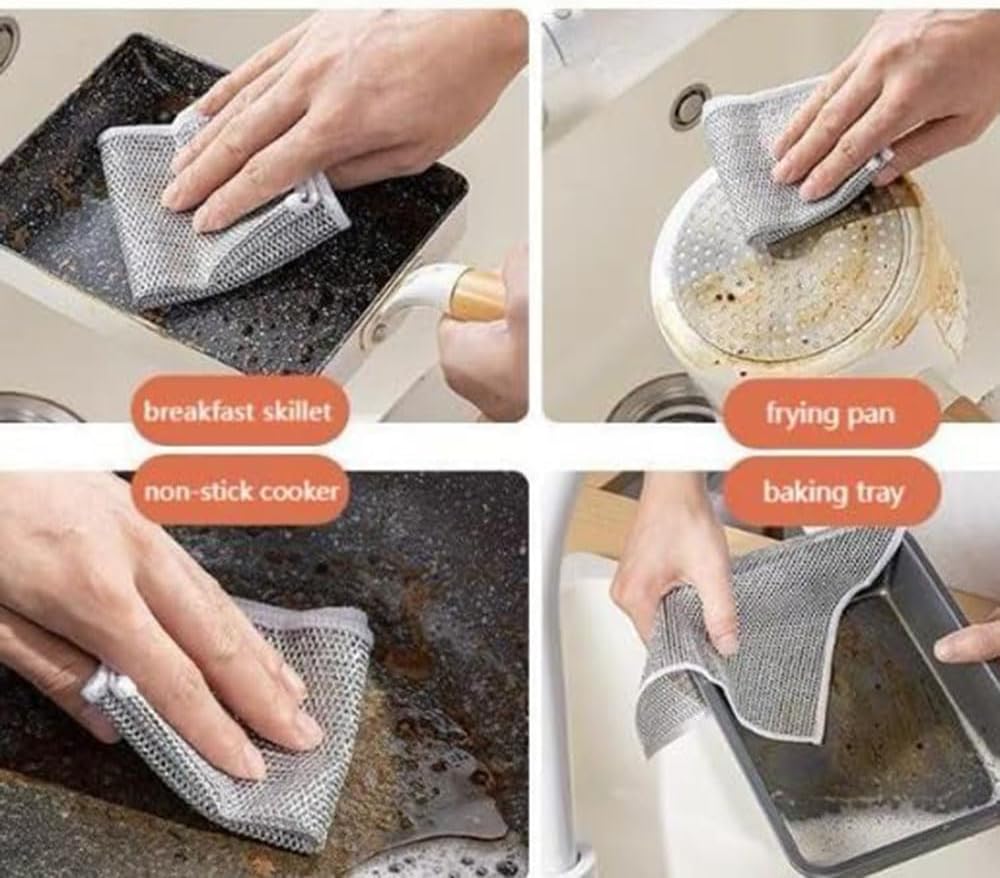 Multipurpose Wire Dishwashing Rags for Wet and Dry,Multifunctional Non-Scratch Wire Dishcloth, Sinks, Countertops, Stoves Versatile Scratch-Free Wire Dishcloth.(5 Pieces Double Layer)