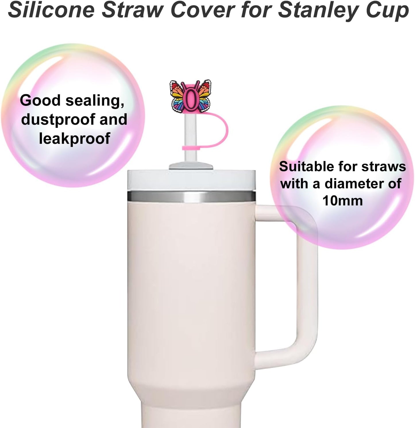 Silicone Straw Cover for Stanley Cup, Initial Letter Straw Cover, Beautiful Butterfly Style, Compatible with Stanley 40&30 Oz Tumbler (O)