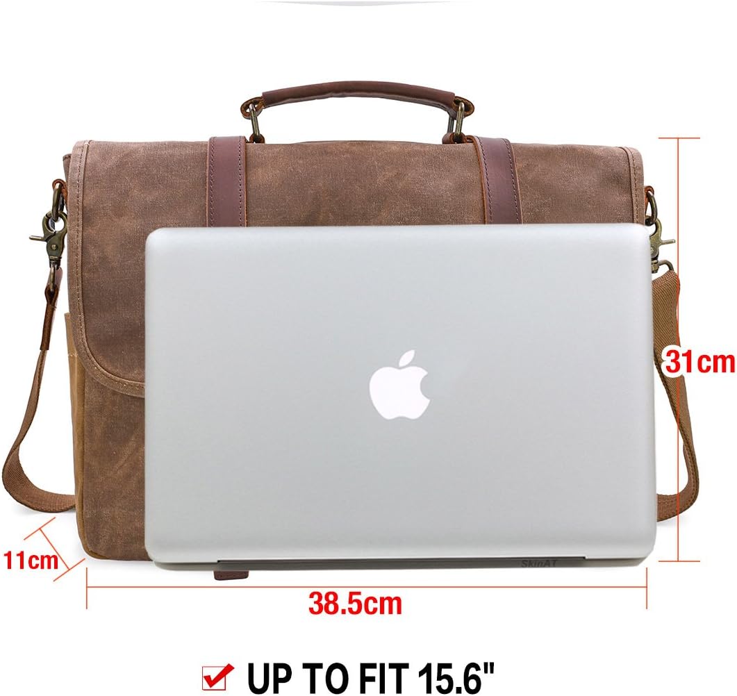 Mens Messenger Bag 15.6 Inch Waterproof Vintage Genuine Leather Waxed Canvas Briefcase Large Leather Computer Laptop Bag Rugged Satchel Shoulder Bag