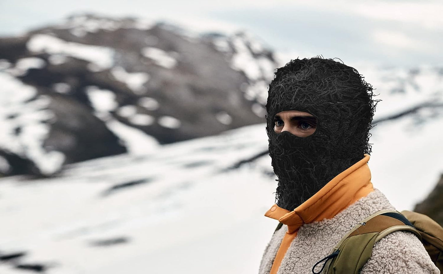 Distressed Knitted Balaclava Full Face Ski Windproof Neck Warmer for Men Women, One Size Fits All Black