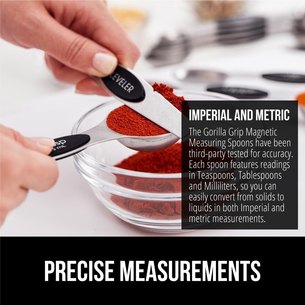 8 Piece BPA Free Magnetic Nesting Stainless Steel Measuring Spoon Set with Leveler, Dual Sided for Liquid and Dry Ingredients, Cream and Sugar Kitchen Spoons, Baking, Cooking, Black