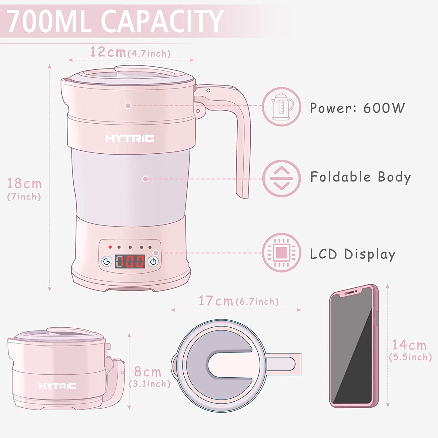 Travel Electric Kettle, 700ML Foldable Small Electric Kettle BPA-Free, Portable Electric Kettle with Multifunctional Panel, Collapsible Hot Water Kettle with Keep Warm & Delay Start, 110V Pink