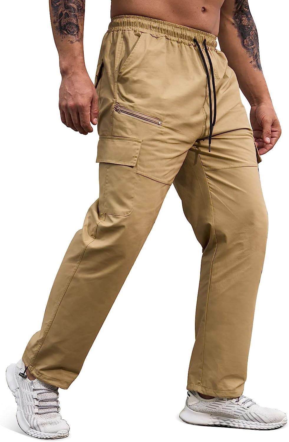 Men's Workout Cargo Pants Elastic Waist Joggers Hiking Outdoor Athletic Sweatpants Casual Long Trousers with Pockets