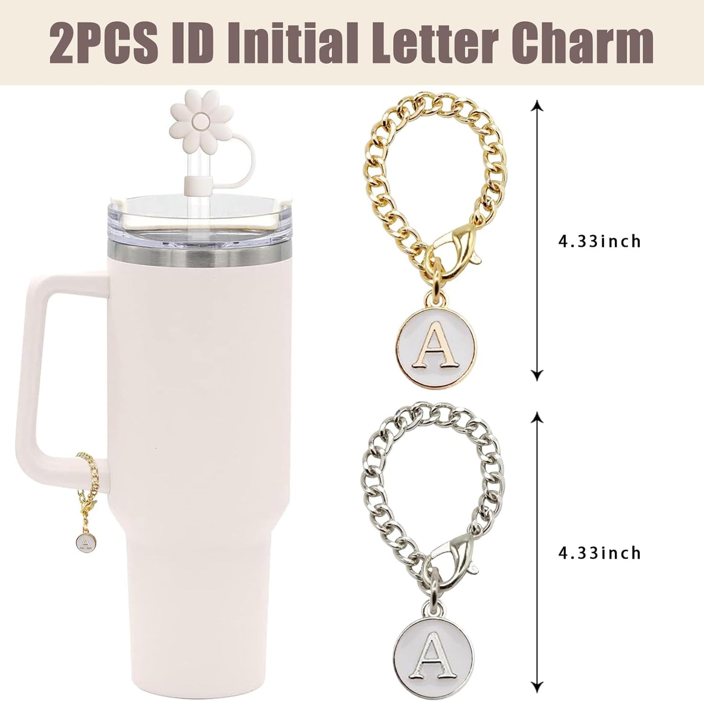 (4+2) 4PCS Flower Straw Covers Toppers for Stanley Cups 30&40 Oz Tumbler Silicone Straw Caps Tips with 2PCS Initial Letter Charms Personalized Stanley Tumblers Accessories(Off White+Letter A)