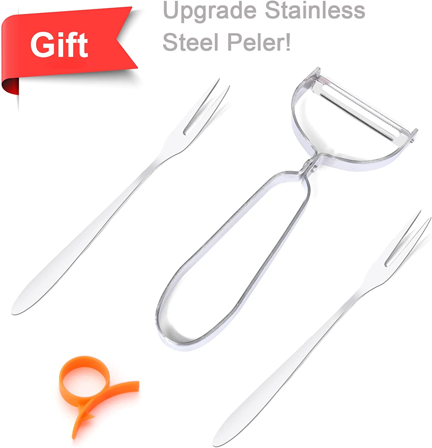Super Sharp Blades Stainless Steel Apple Slicer Corer and Divider, With 1 Super Sharp Stainless Steel Peeler, 2 Stainless Steel Fruit Forks and 1 Orange Citrus Peeler Tool Red