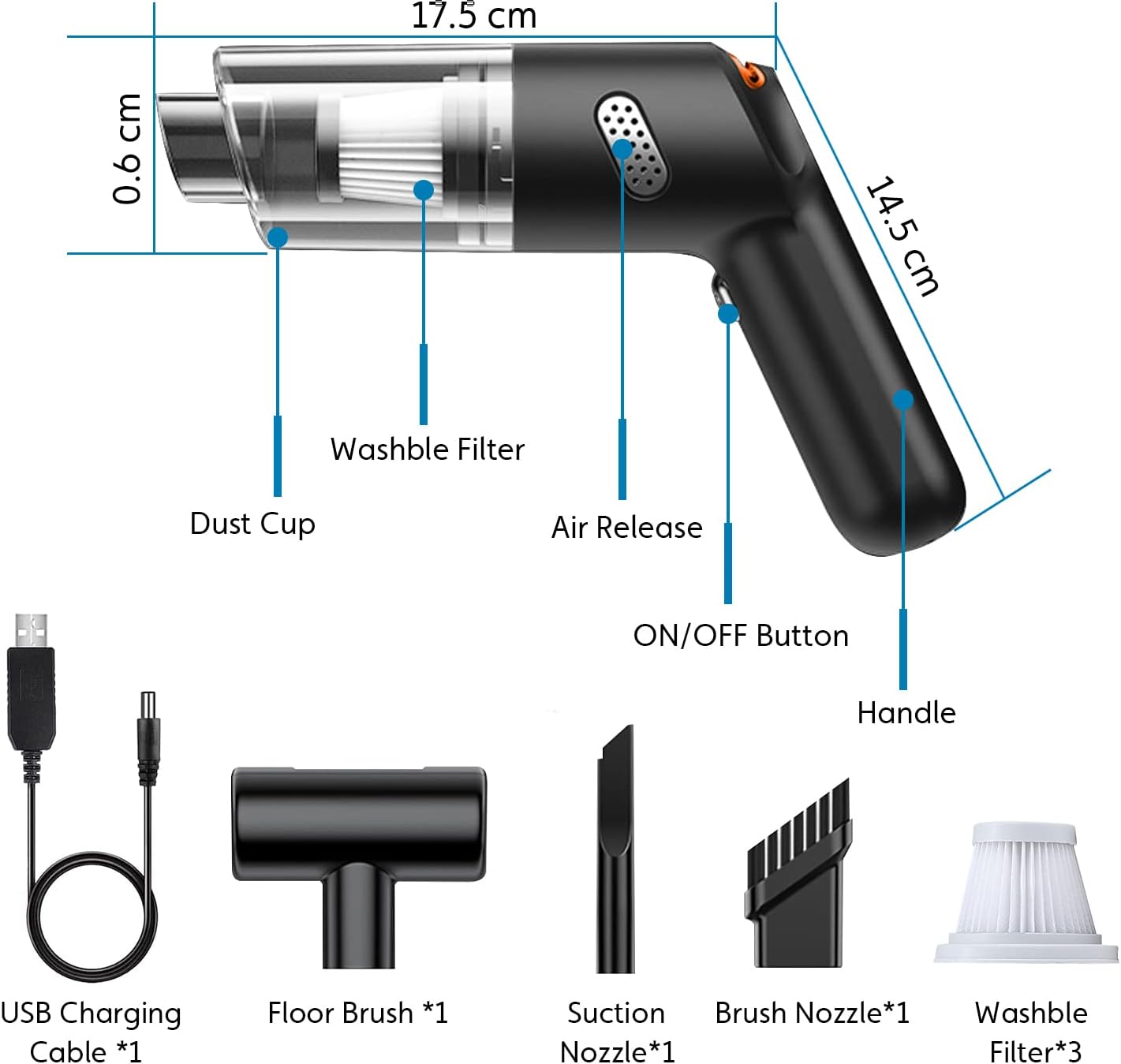 Car Handheld Vacuum 10000PA Suction, Wireless Vacuum Cleaner with Low Noise,Car Vacuum Cordless Rechargeable,Portable Compressed Air Duster for Car and Home…