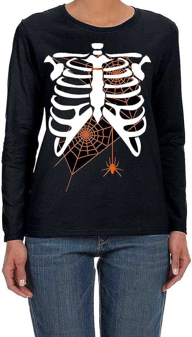 Women's Halloween Costume Pumpkin Skeleton T-Shirt Funny Long Sleeve Pullover Tops for Ladies