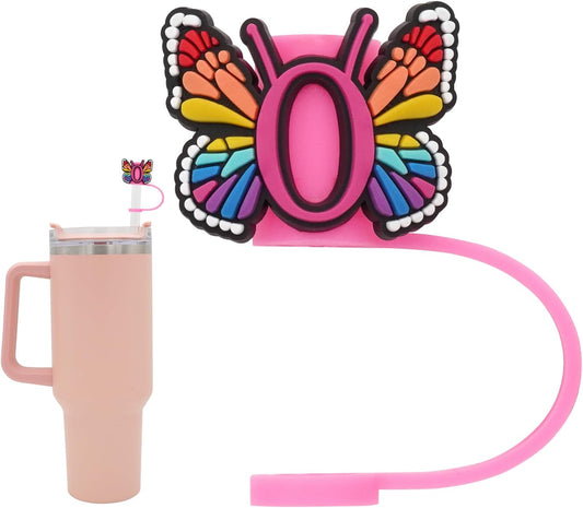 Silicone Straw Cover for Stanley Cup, Initial Letter Straw Cover, Beautiful Butterfly Style, Compatible with Stanley 40&30 Oz Tumbler (O)